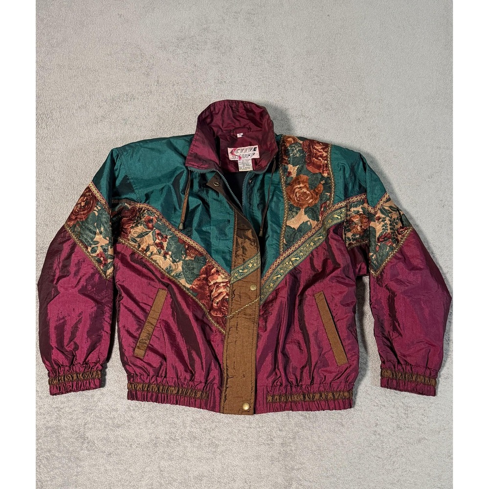 Vintage Active Stuff Jacket Womens Small Teal Burgundy Floral Windbreaker 80s